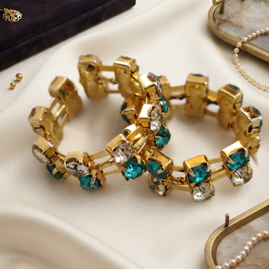 Sky-Blue Royal Zircon Bangles | Exquisite Designer Shringar | Luxury Gold-Plated