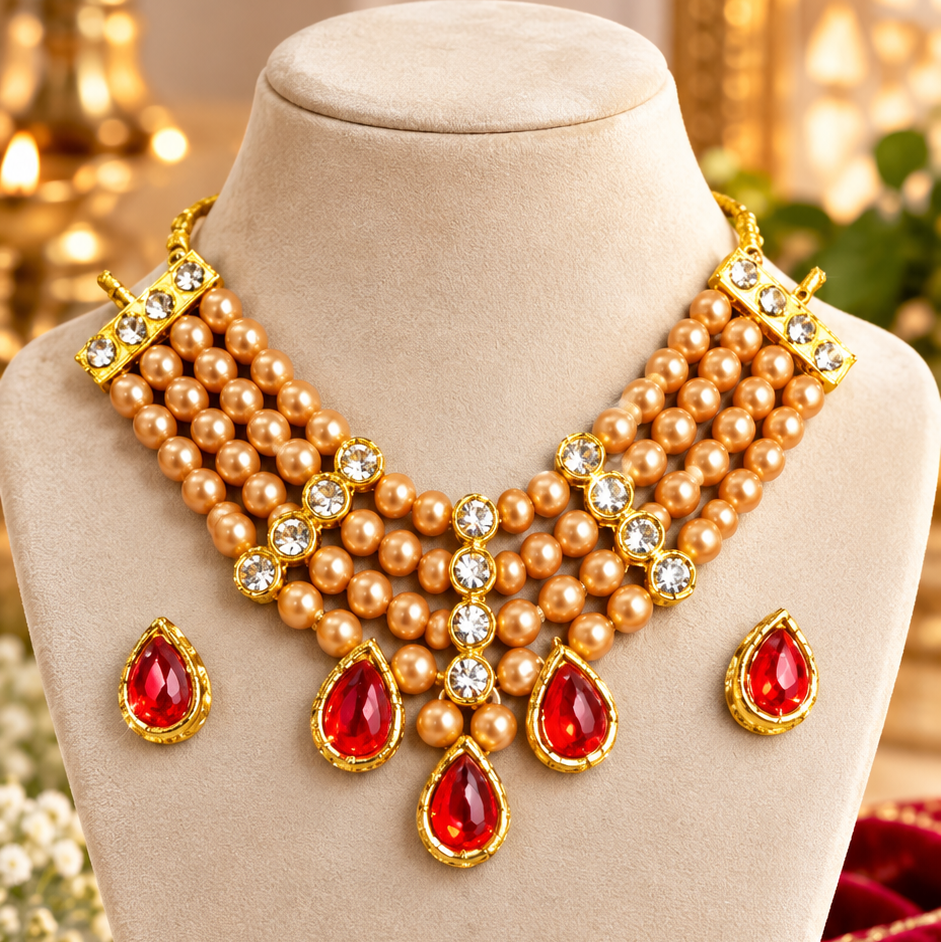 Designer Pearl Necklace Set with Red Stone | Premium Artificial Jewellery Set | Necklace with Matching Earrings Size 3 to 8
