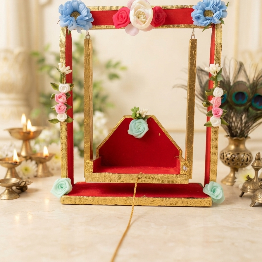 Laddu Gopal Jhula in Red Gold | Premium Embellished Wooden Swing | Jhula for Laddu Gopal Shringar