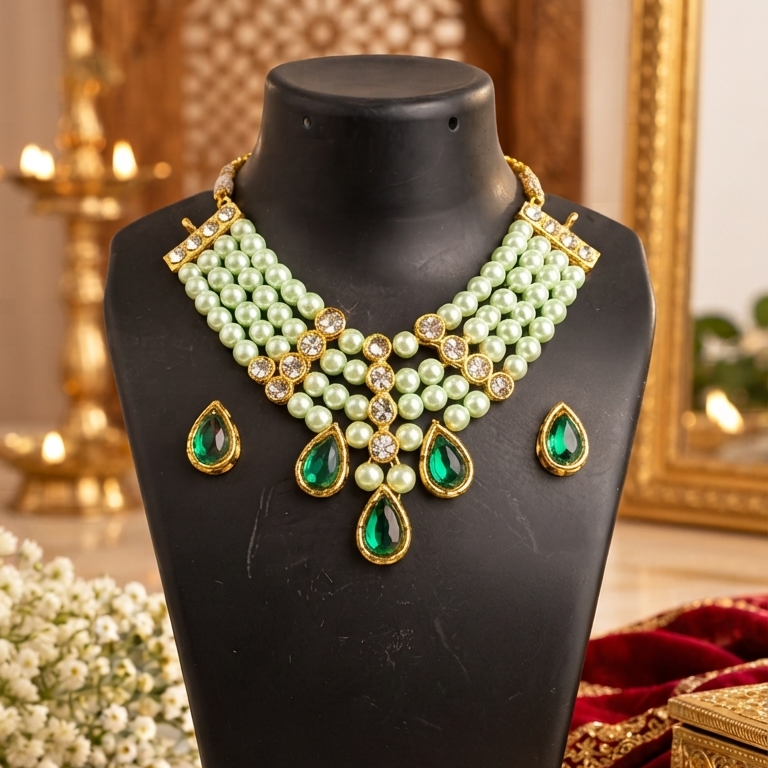 Designer Pearl Necklace Set with Red Stone | Premium Artificial Jewellery Set | Necklace with Matching Earrings Size 3 to 8