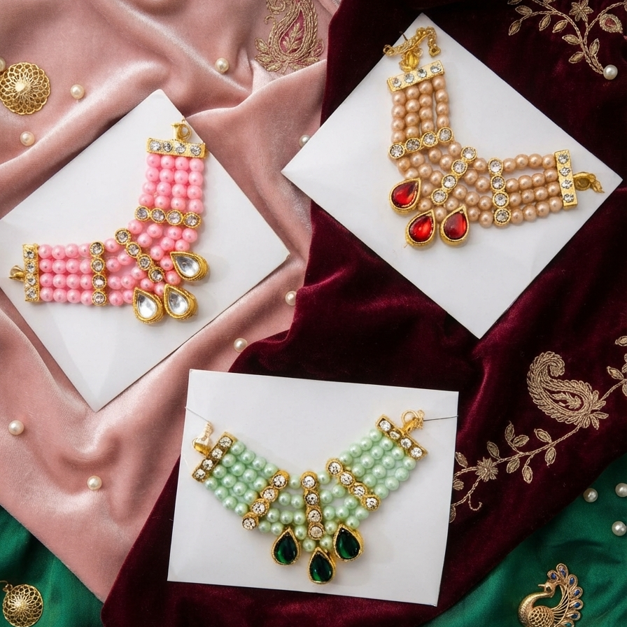 Designer Pearl Necklace Set with Red Stone | Premium Artificial Jewellery Set | Necklace with Matching Earrings Size 3 to 8