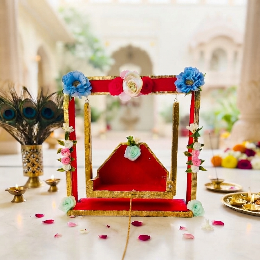 Laddu Gopal Jhula in Red Gold | Premium Embellished Wooden Swing | Jhula for Laddu Gopal Shringar