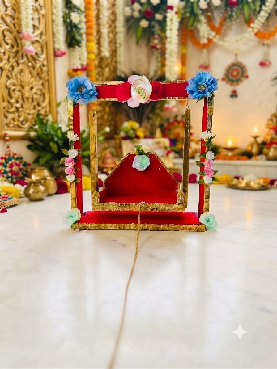 Laddu Gopal Jhula in Red Gold | Premium Embellished Wooden Swing | Jhula for Laddu Gopal Shringar