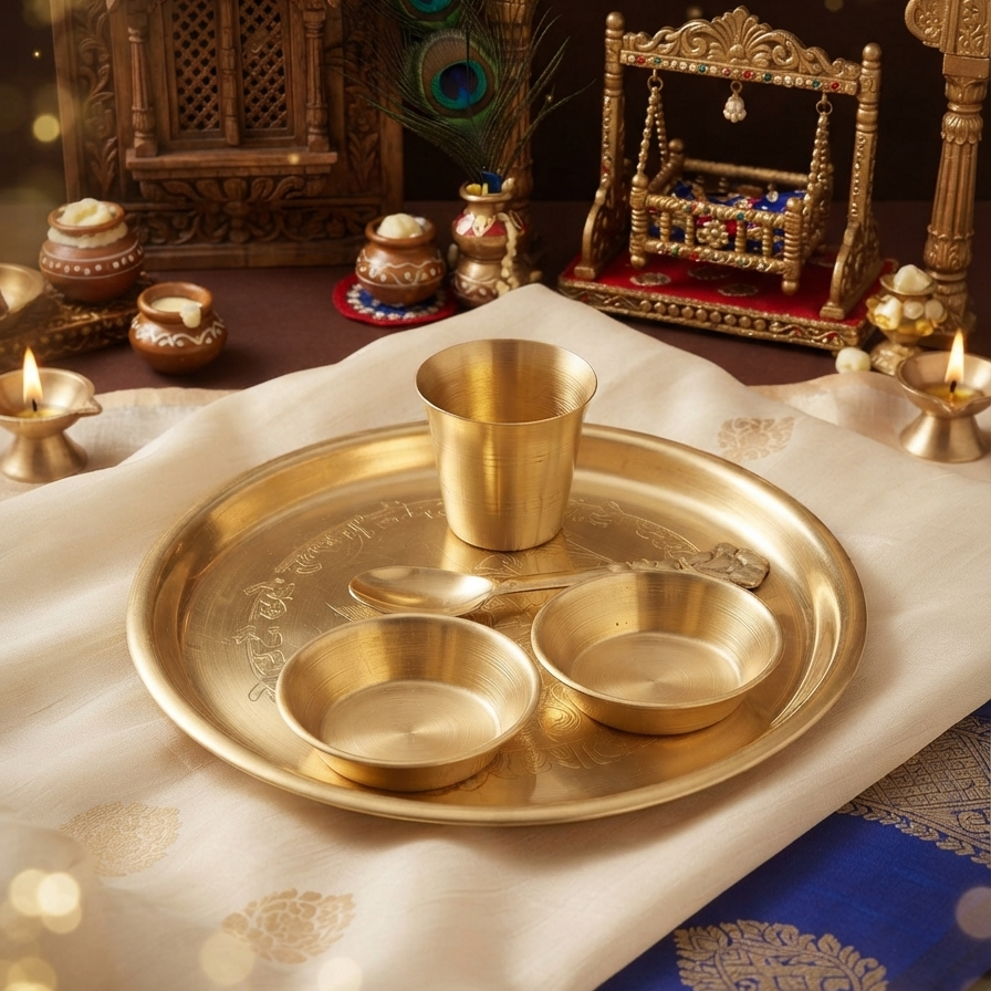 Designer Brass Bhog Thali Set  | Premium 5-Piece Pooja Thali Set | Elegant Krishna Ji Bhog Seva Set