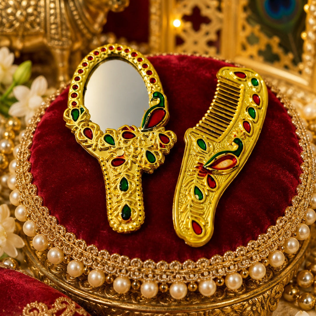 Designer Golden Mirror & Comb Set | Premium Deity Shringar Accessories | Elegant Laddu Gopal & Radha Rani Shringar Set