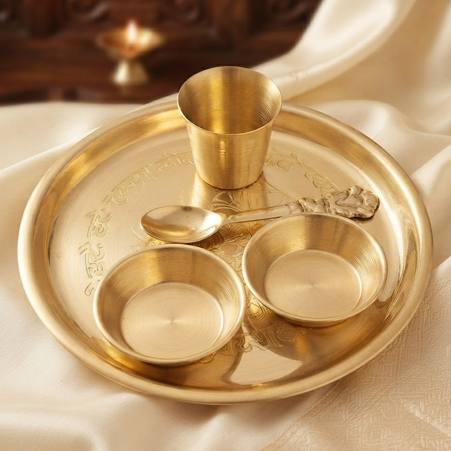 Designer Brass Bhog Thali Set  | Premium 5-Piece Pooja Thali Set | Elegant Krishna Ji Bhog Seva Set