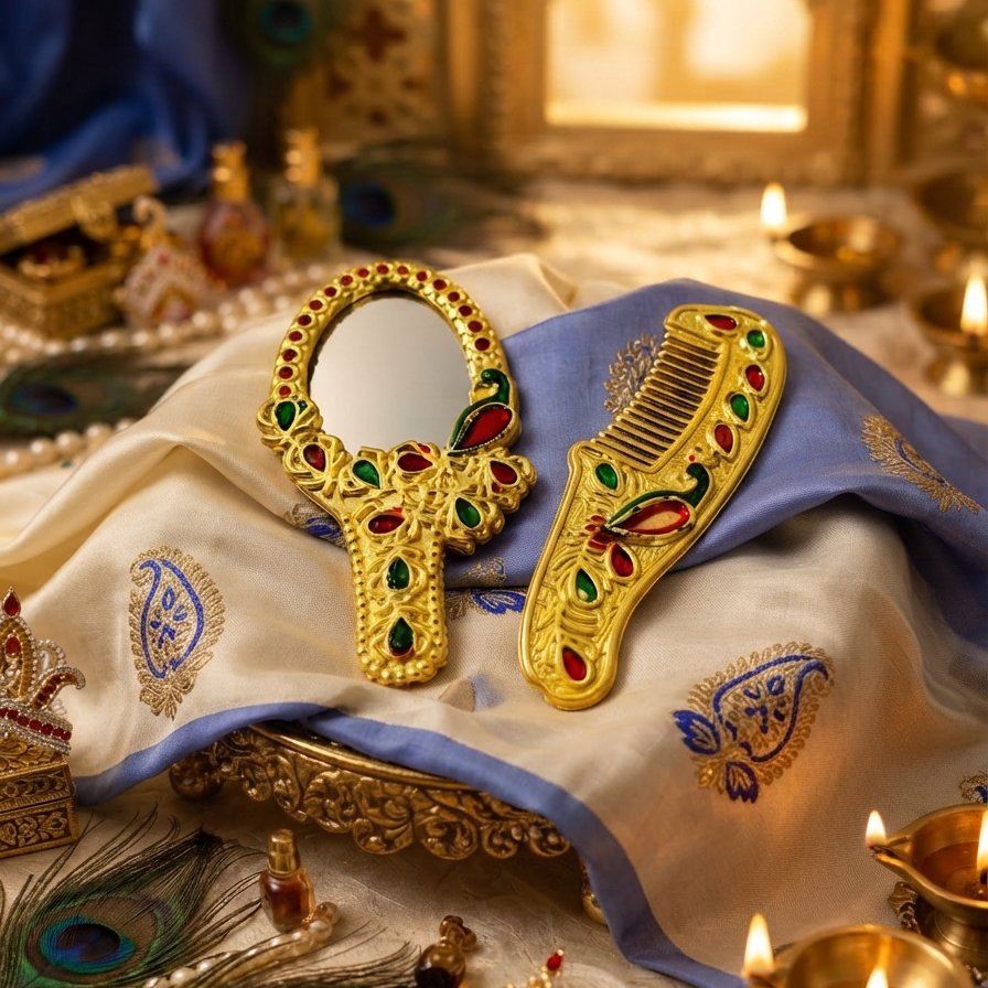 Designer Golden Mirror & Comb Set | Premium Deity Shringar Accessories | Elegant Laddu Gopal & Radha Rani Shringar Set