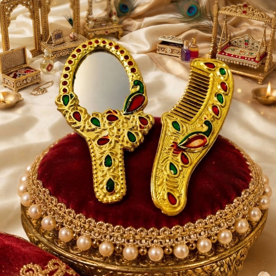 Designer Golden Mirror & Comb Set | Premium Deity Shringar Accessories | Elegant Laddu Gopal & Radha Rani Shringar Set