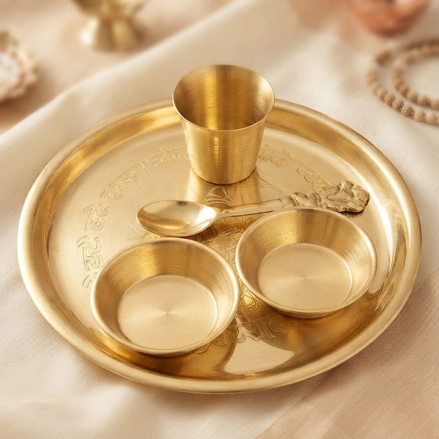 Designer Brass Bhog Thali Set  | Premium 5-Piece Pooja Thali Set | Elegant Krishna Ji Bhog Seva Set