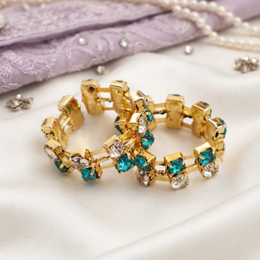 Sky-Blue Royal Zircon Bangles | Exquisite Designer Shringar | Luxury Gold-Plated