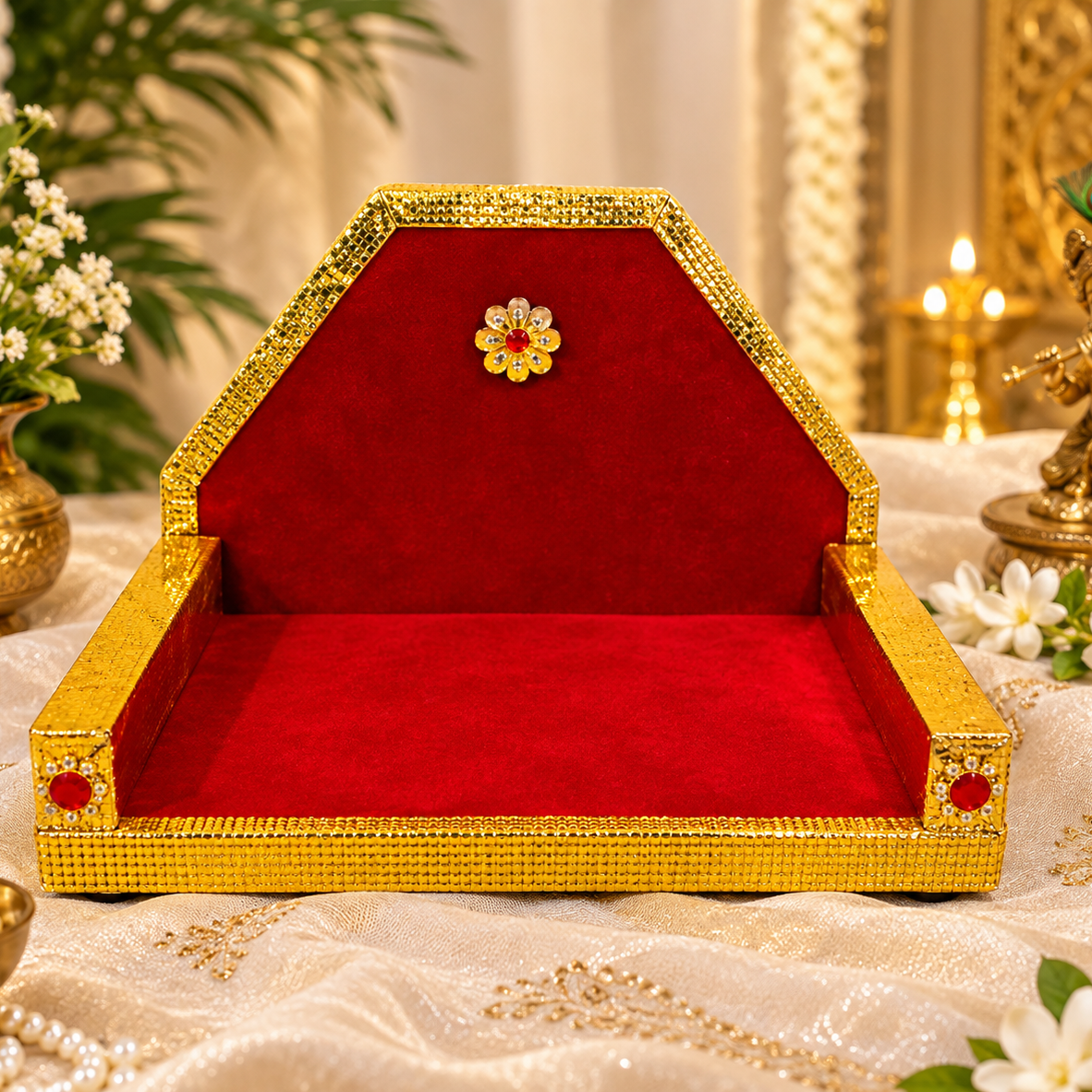 Red & Gold Embellished Wooden Singhasan | Premium Deity Throne | Designer Wooden Sofa for Idol Shringar