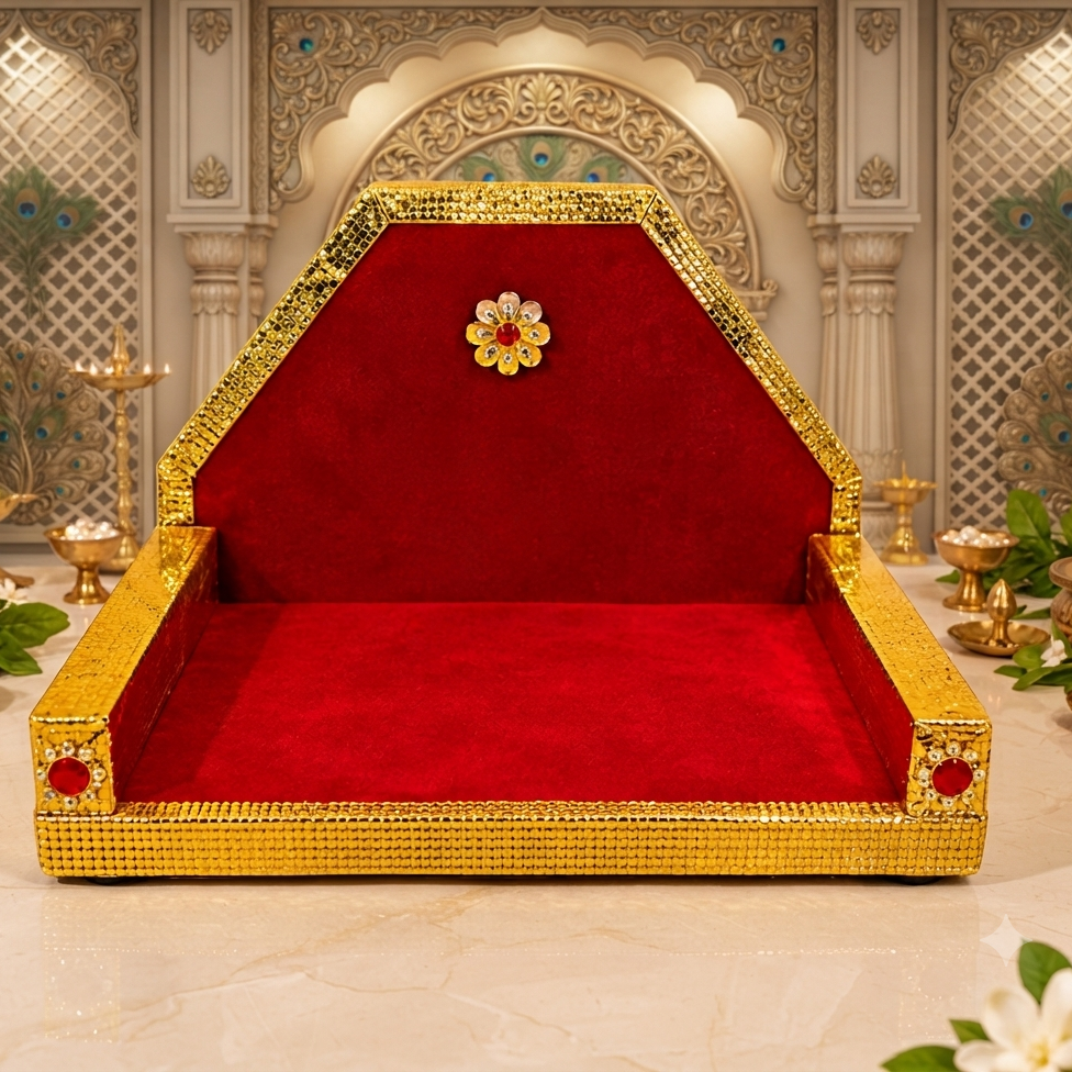 Red & Gold Embellished Wooden Singhasan | Premium Deity Throne | Designer Wooden Sofa for Idol Shringar