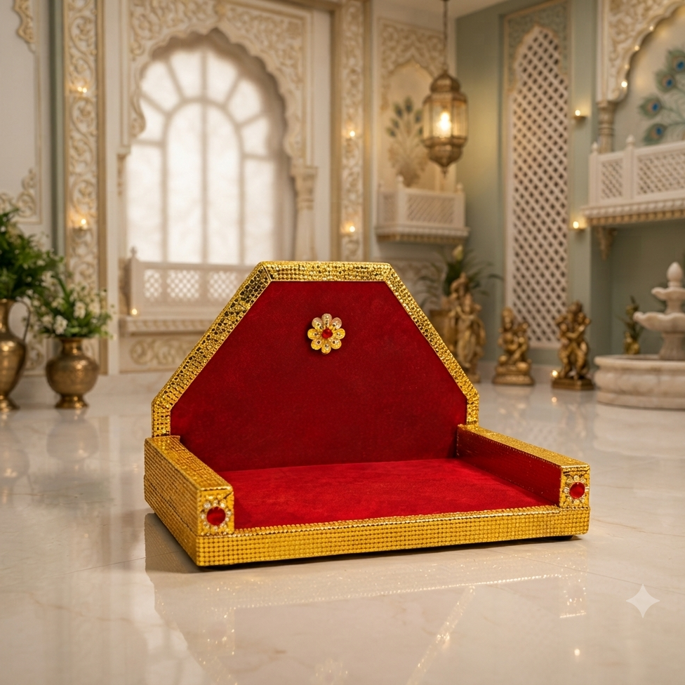 Red & Gold Embellished Wooden Singhasan | Premium Deity Throne | Designer Wooden Sofa for Idol Shringar
