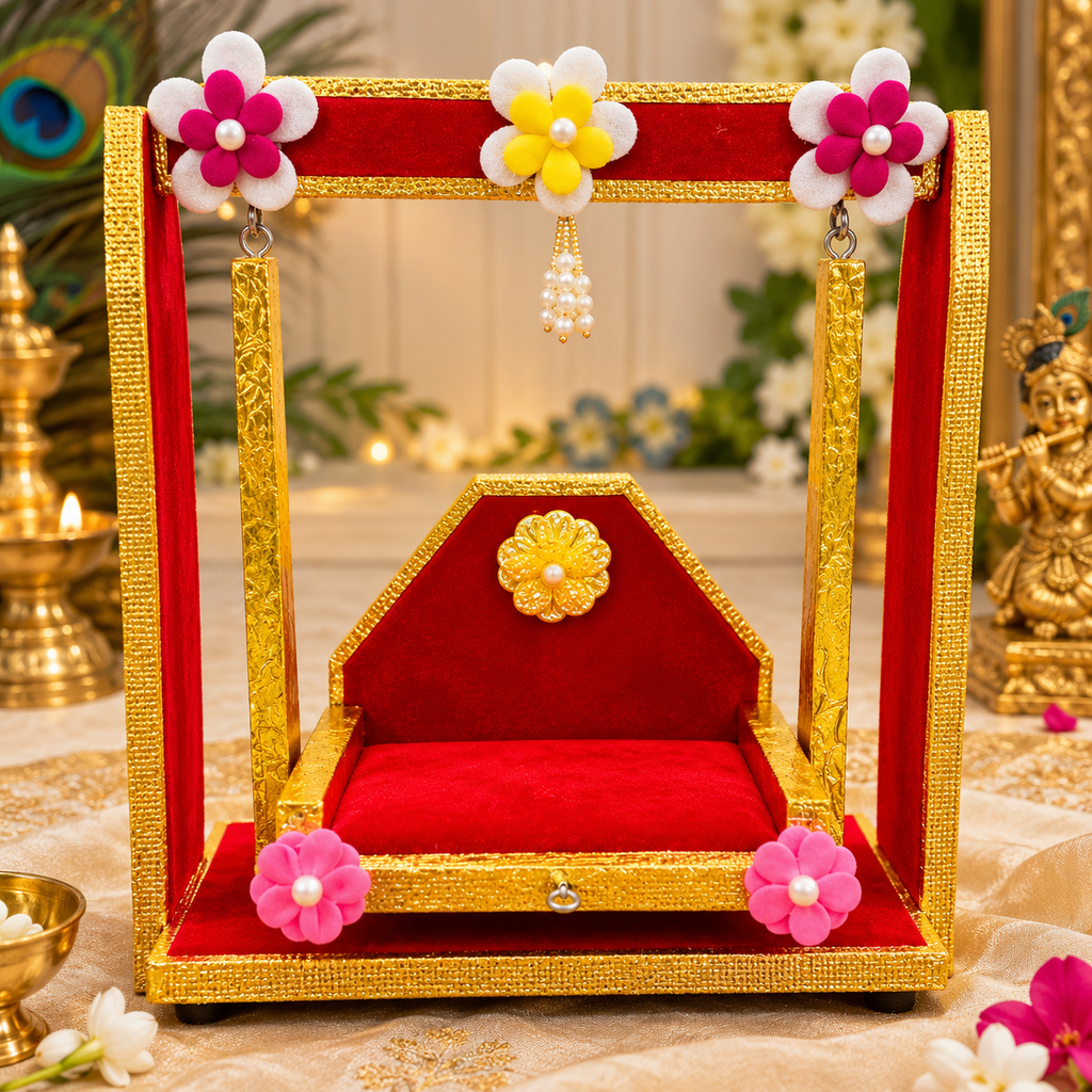 Handcrafted Wooden Laddu Gopal Jhula | Red & Golden Decorative Jhula | Premium Swing for Laddu Gopal Shringar