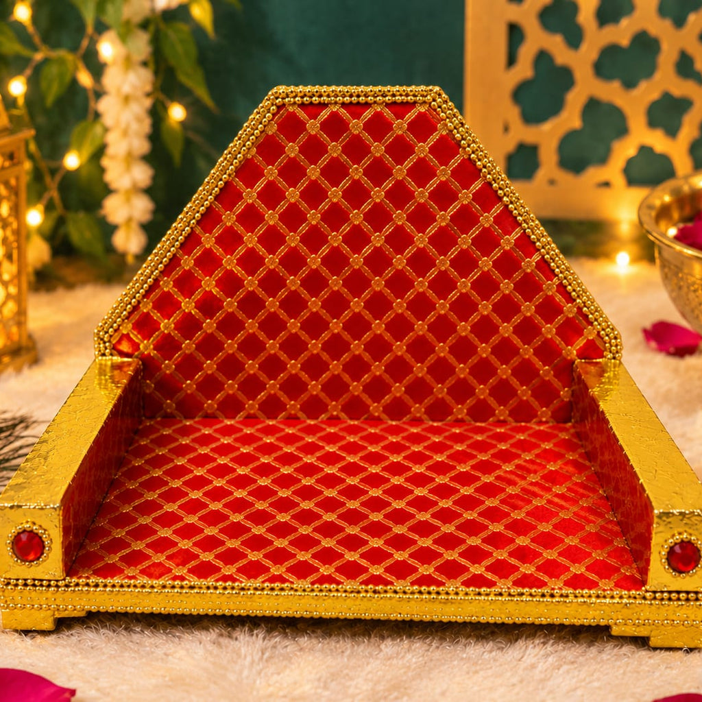 Red Gold Wooden Singhasan  | Premium Embellished Deity Throne | Designer Poshak Singhasan for Temple Decor
