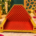 Red Gold Wooden Singhasan  | Premium Embellished Deity Throne | Designer Poshak Singhasan for Temple Decor