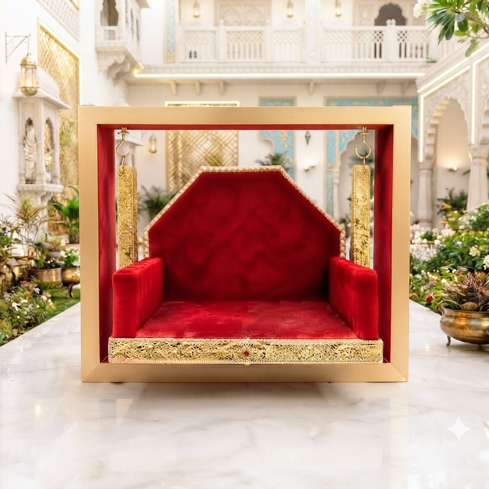 Red & Gold Embellished Wooden Jhula | Premium Laddu Gopal Swing | Traditional Wooden Jhula for Deity Shringar