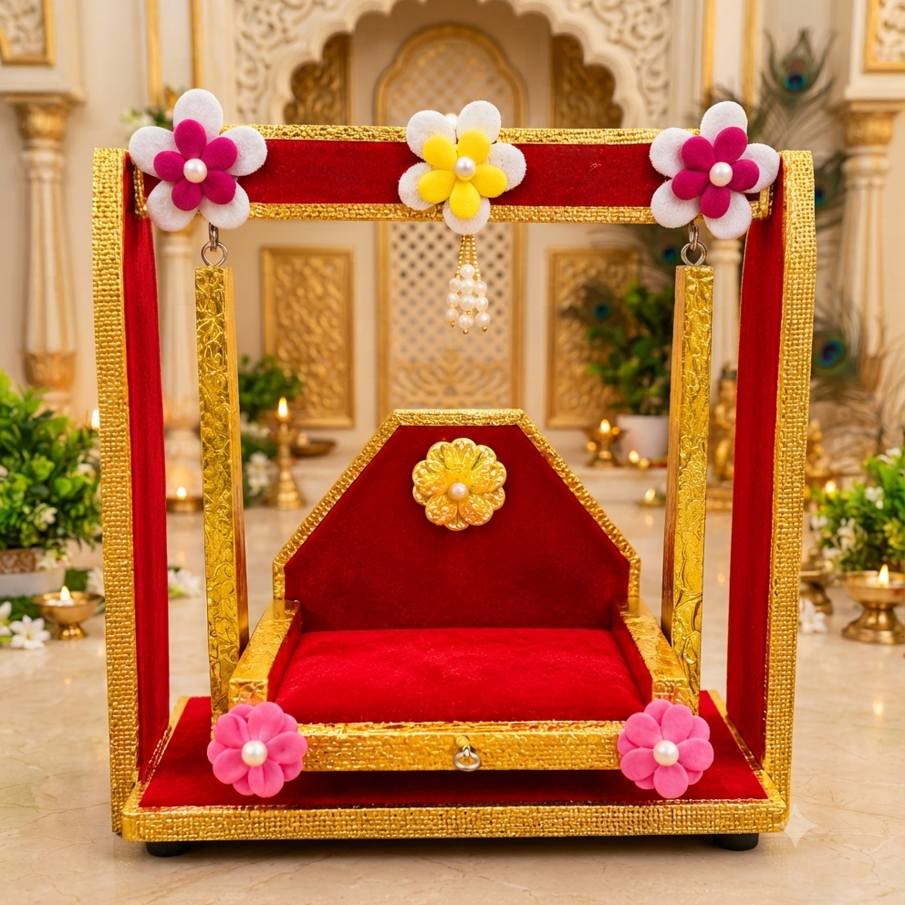 Handcrafted Wooden Laddu Gopal Jhula | Red & Golden Decorative Jhula | Premium Swing for Laddu Gopal Shringar