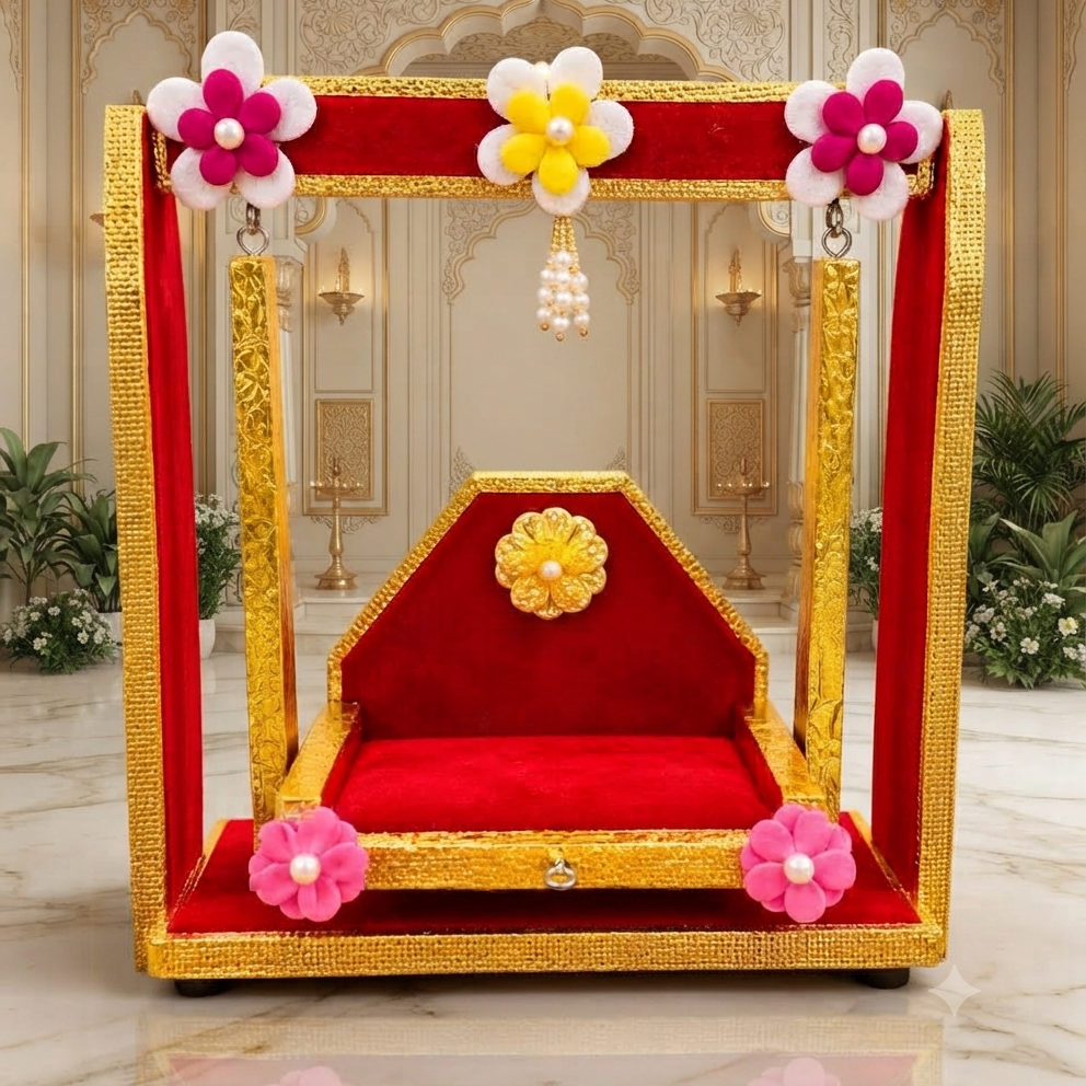 Handcrafted Wooden Laddu Gopal Jhula | Red & Golden Decorative Jhula | Premium Swing for Laddu Gopal Shringar