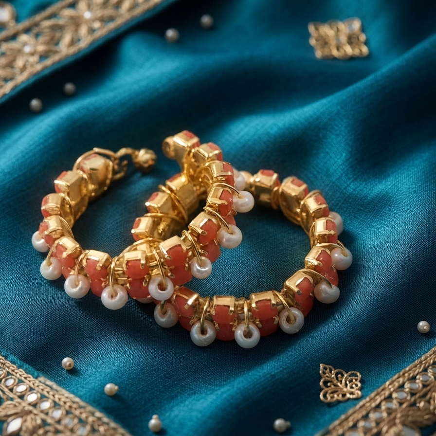 Designer Pearl Bangle Set with Coral- Green Stone | Premium Artificial Jewellery