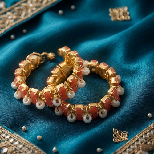Designer Pearl Bangle Set with Coral- Green Stone | Premium Artificial Jewellery
