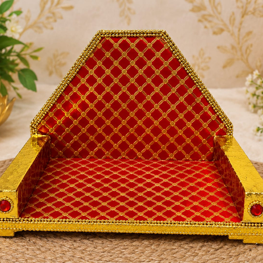 Red Gold Wooden Singhasan  | Premium Embellished Deity Throne | Designer Poshak Singhasan for Temple Decor