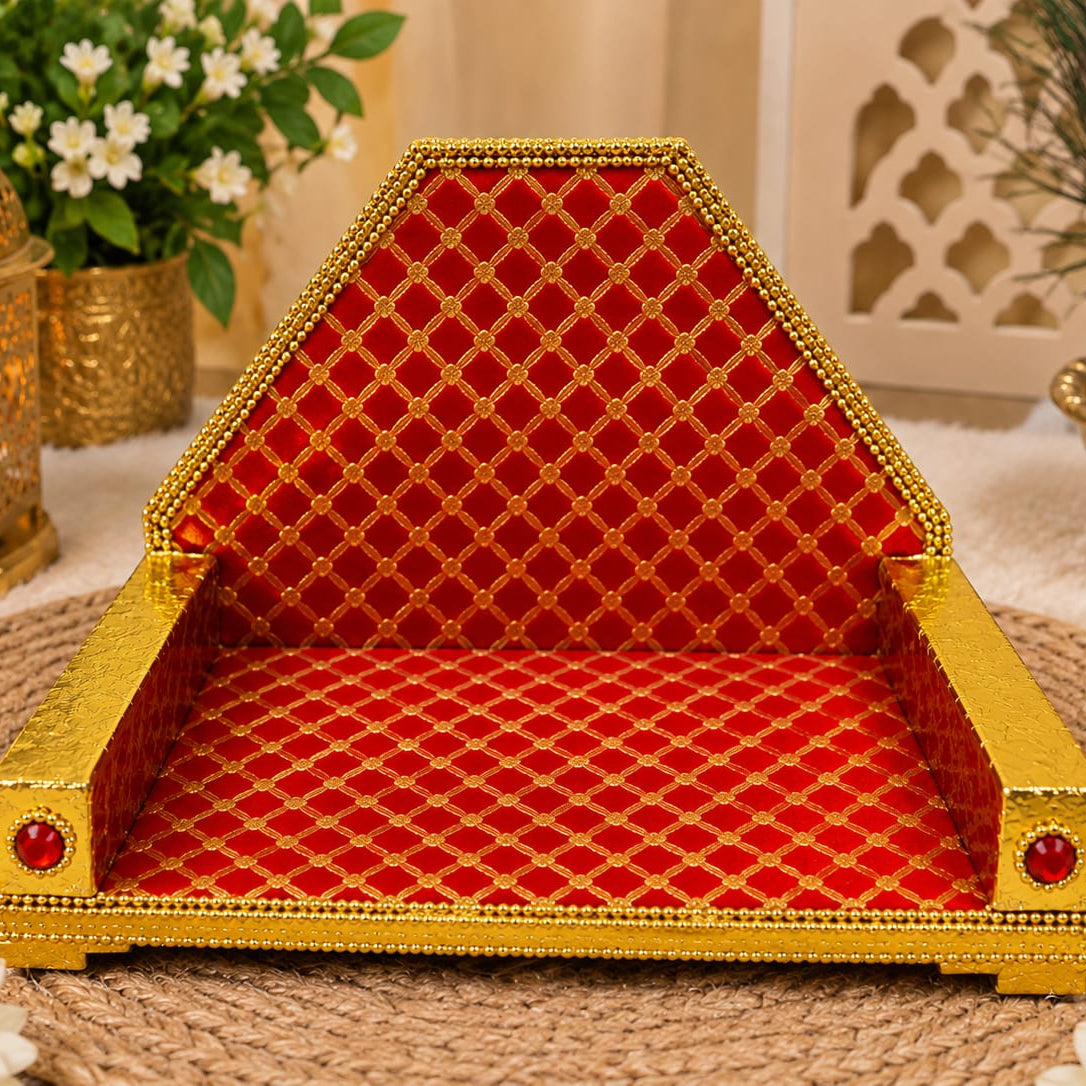 Red Gold Wooden Singhasan  | Premium Embellished Deity Throne | Designer Poshak Singhasan for Temple Decor