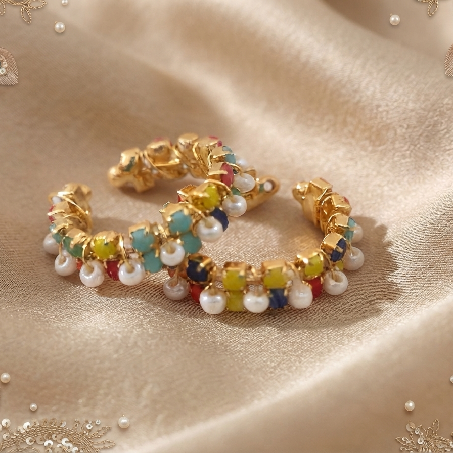 Designer Pearl Bangle Set with Coral- Green Stone | Premium Artificial Jewellery