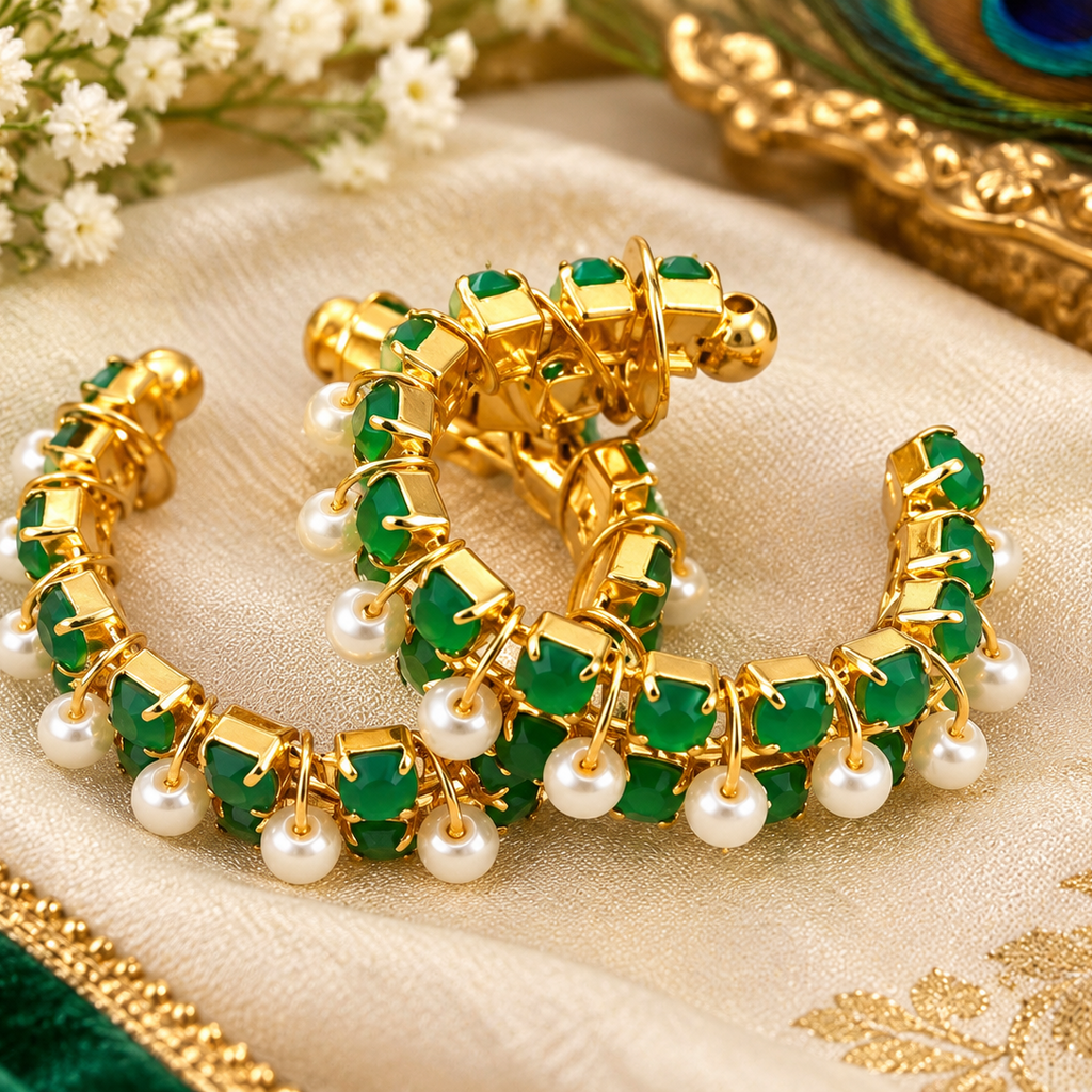 Designer Pearl Bangle Set with Coral- Green Stone | Premium Artificial Jewellery