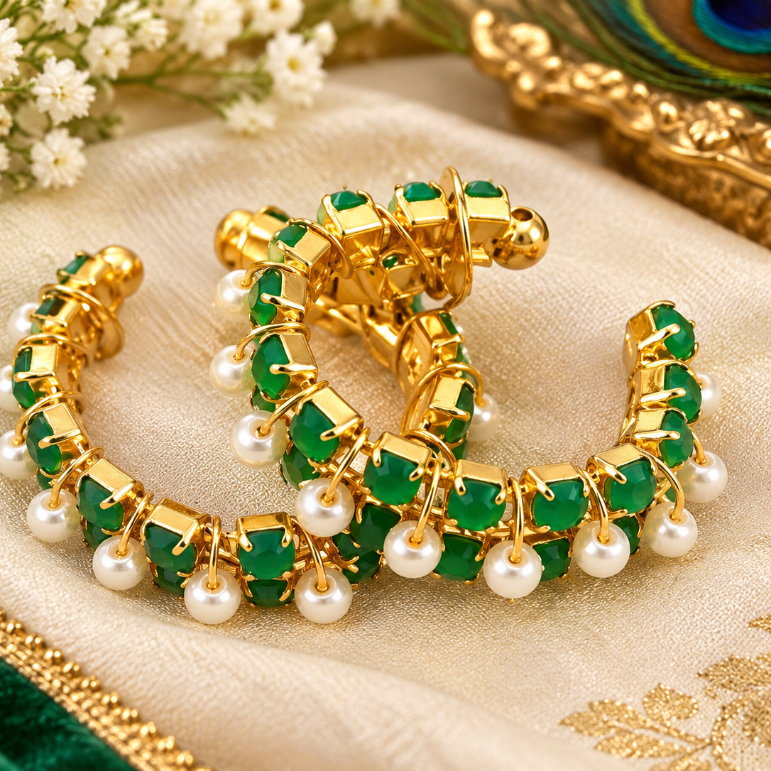 Designer Pearl Bangle Set with Coral- Green Stone | Premium Artificial Jewellery